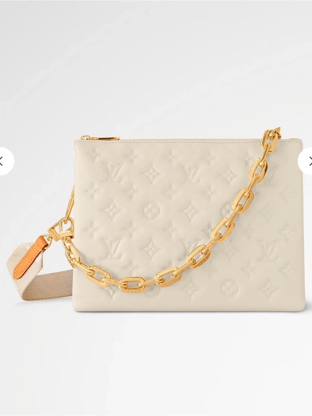 Louis Vuitton Cream Coussin PM Crossbody Bag with Gold Chain & adjustable strap